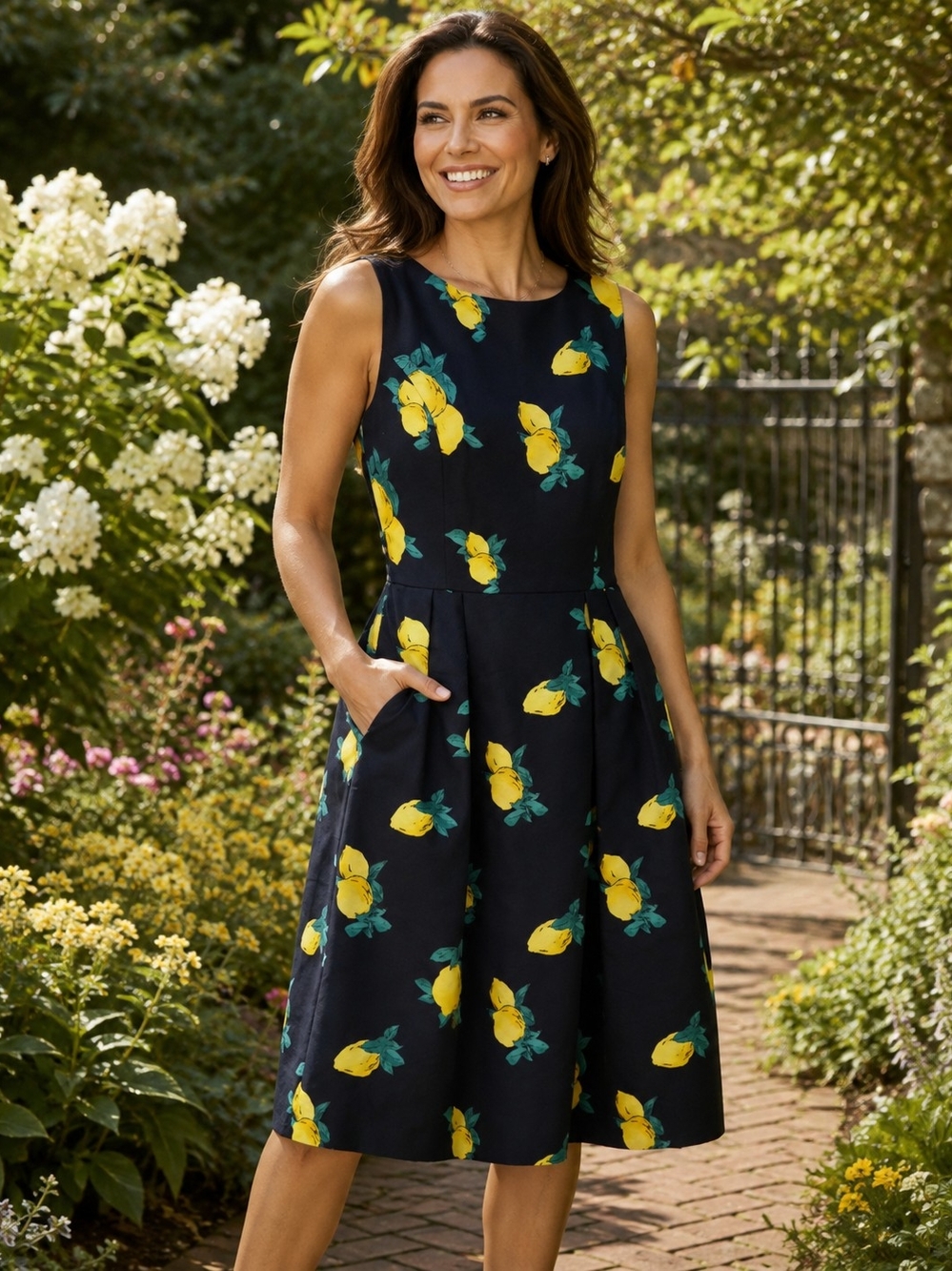 Evan-Picone Lemon Print Fit & Flare Dress Size 14 Navy Sleeveless